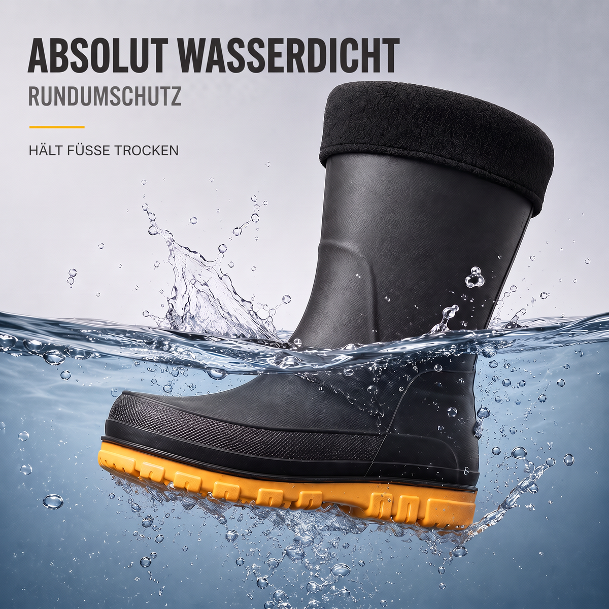 Schwarzer Gummistiefel mit orangefarbener Sohle, halb im Wasser stehend | Chaps Herrenmode