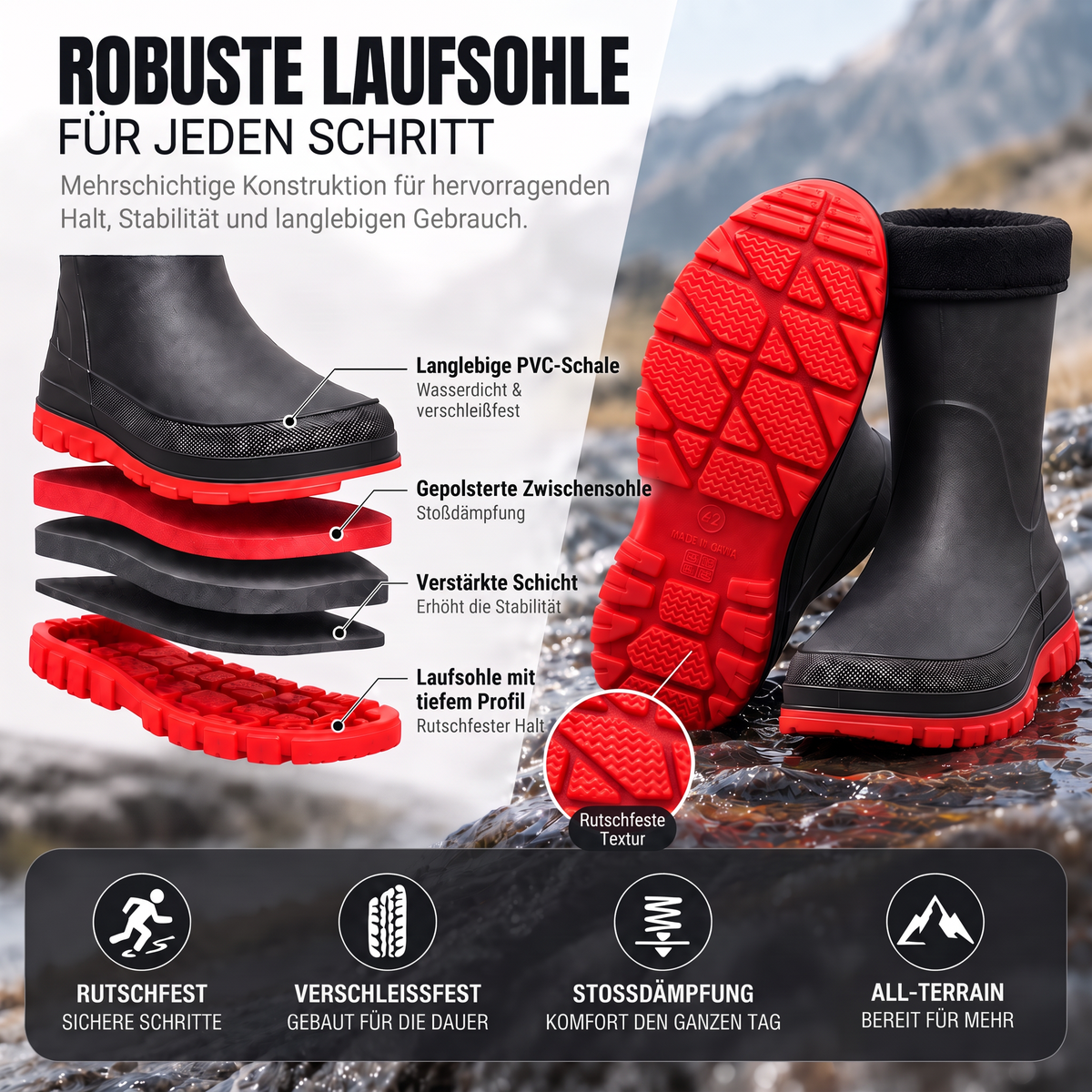 Explosionsdarstellung der Stiefelsohle mit Schichten und Profil-Nahaufnahme | Chaps Herrenmode