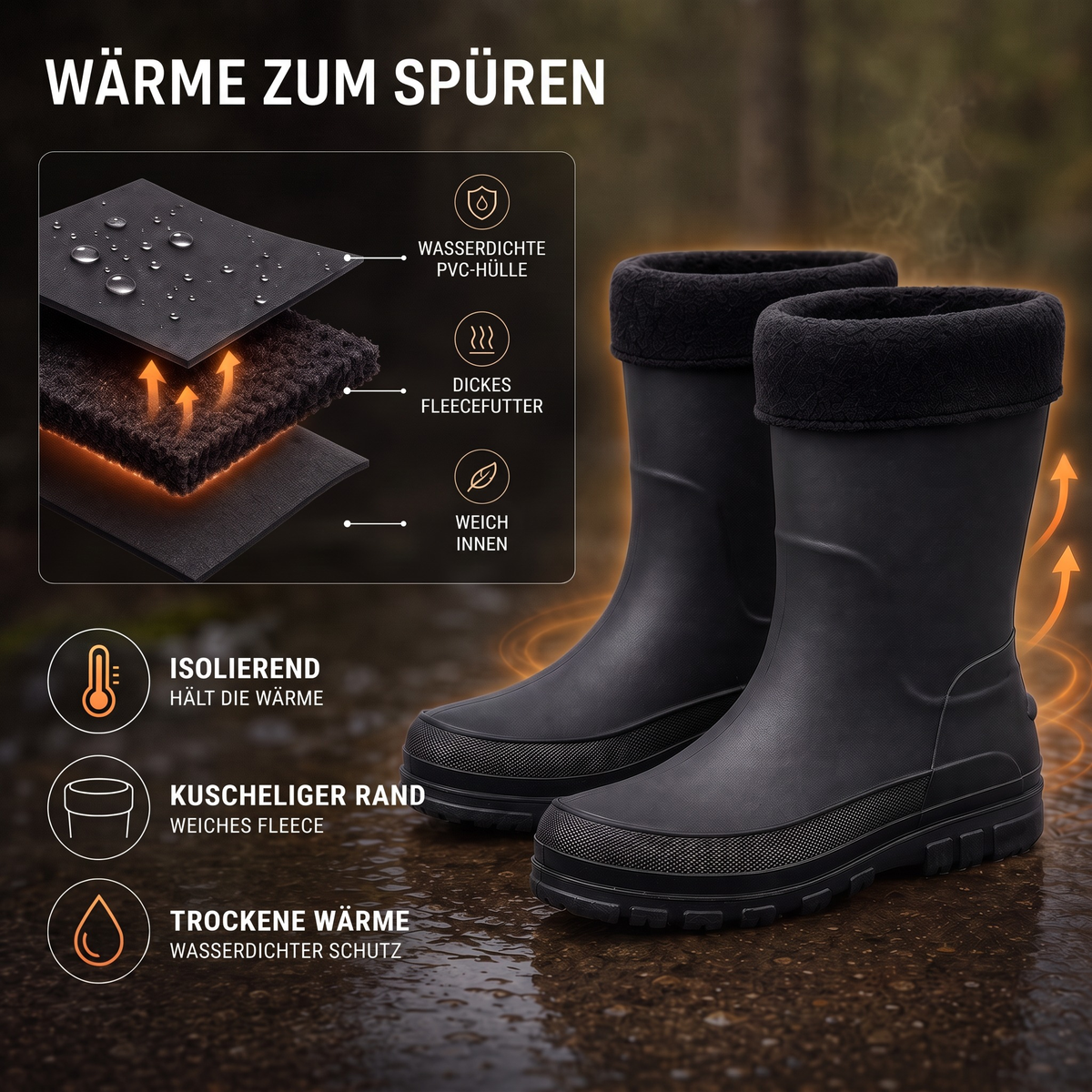 Infografik zeigt Materialaufbau und Eigenschaften gefütterter schwarzer Gummistiefel im Detail | Chaps Herrenmode