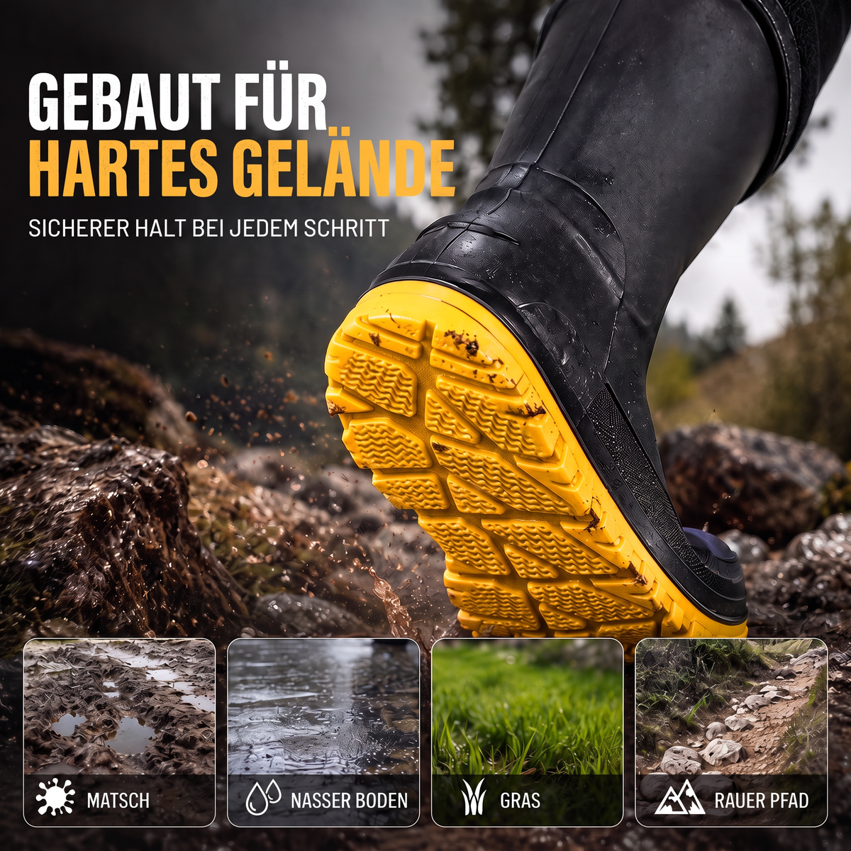 Schwarzer Gummistiefel mit gelber Profilsohle, getragen im Gelände, Vergleichsbilder verschiedener Untergründe | Chaps Herrenmode
