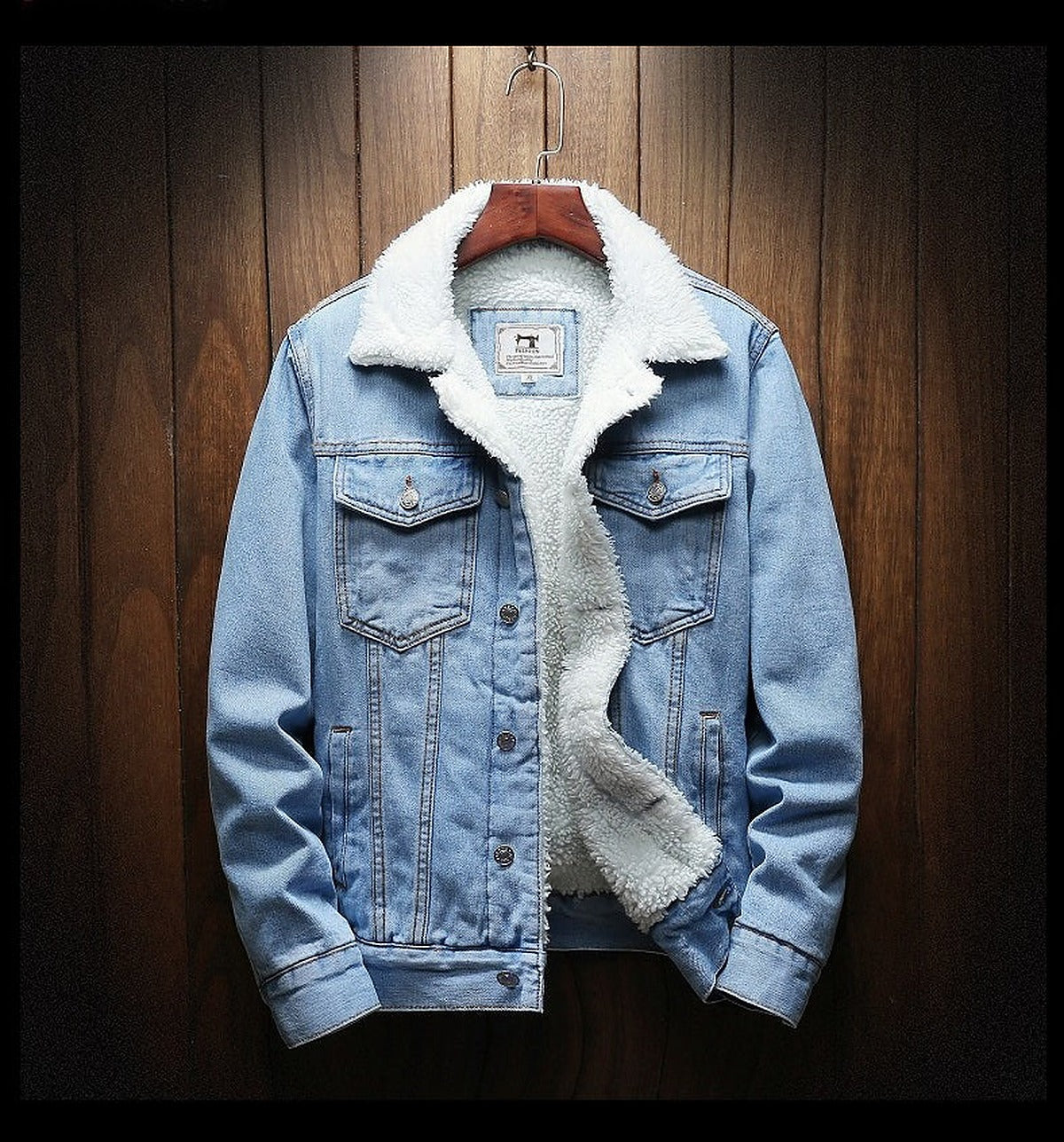 Jacke Herren | Teddyfütterung | Trucker-Schnitt | Knopfverschluss | Robuster Denim | Brust- und Seitentaschen-Hellblau-S-Chaps Herrenmode