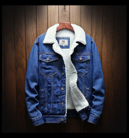 Jacke Herren | Teddyfütterung | Trucker-Schnitt | Knopfverschluss | Robuster Denim | Brust- und Seitentaschen-Dunkelblau-S-Chaps Herrenmode