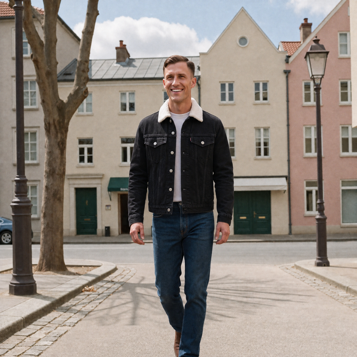Jacke Herren | Teddyfütterung | Trucker-Schnitt | Knopfverschluss | Robuster Denim | Brust- und Seitentaschen-Chaps Herrenmode