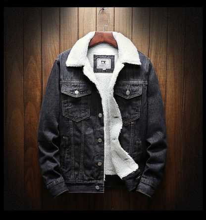 Jacke Herren | Teddyfütterung | Trucker-Schnitt | Knopfverschluss | Robuster Denim | Brust- und Seitentaschen-Schwarz-S-Chaps Herrenmode