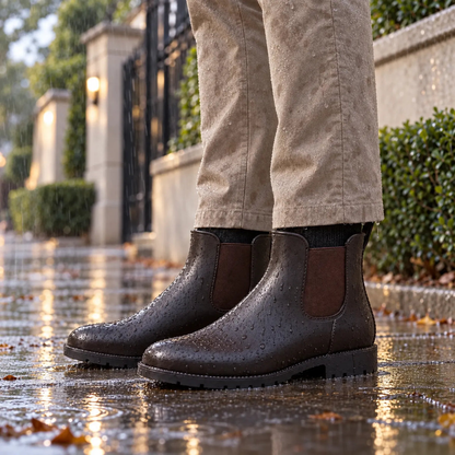 Braune Chelsea-Gummistiefel zu beiger Hose auf nassem Gehweg