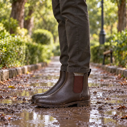 Braune Chelsea-Gummistiefel auf einem nassen Parkweg mit Herbstlaub