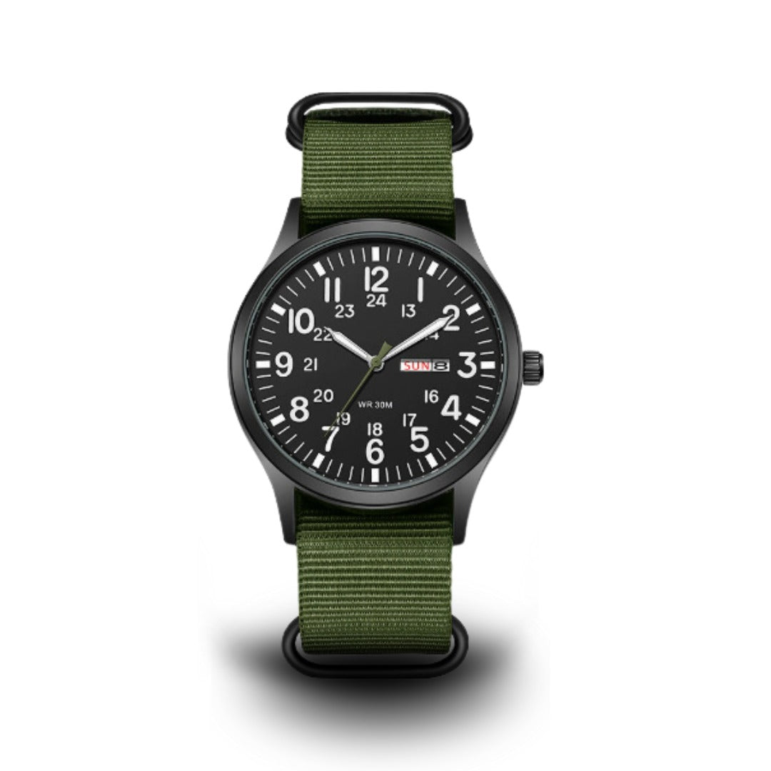 Armbanduhr Herren | Outdoor Militär Optik | Nylonarmband | Leuchtzeiger-Grün Schwarz-Chaps Herrenmode