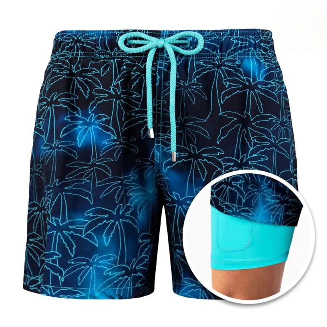 Badeshorts | Elastischer Bund | Doppellagig | 2-in-1-Shorts | Boardshorts-Blaue Palme-S-Chaps Herrenmode