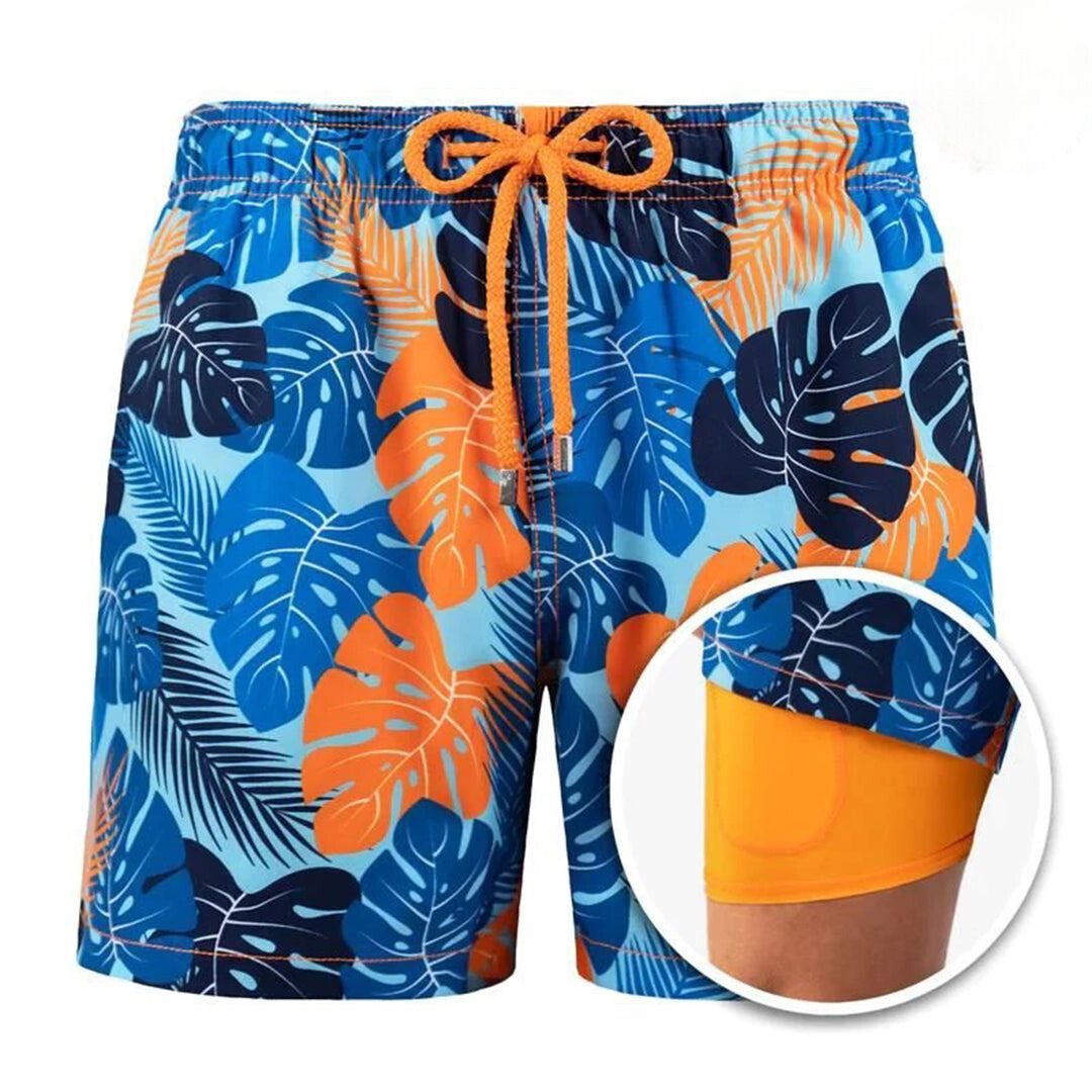 Badeshorts | Elastischer Bund | Doppellagig | 2-in-1-Shorts | Boardshorts-Tropisch-S-Chaps Herrenmode
