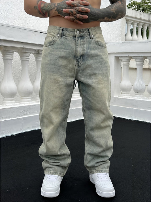 Herrenjeans | Gestapelt | Gewaschen | Baggy-Jeans | Locker sitzende Jeans-Salbeigrün-S-Chaps Herrenmode