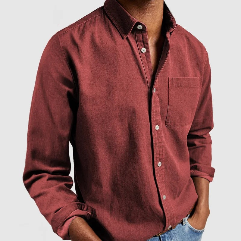 Button-Up Hemd - Casual - Langarm - Denim Hemd - Herrenhemden-Dunkelrot-S-Chaps Herrenmode