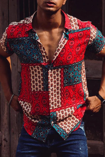 Button-Up Hemd - Kurzarm - Bedruckt - Sommerhemd - Herrenhemd-Rot-S-Chaps Herrenmode