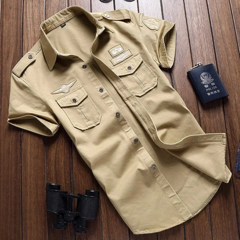 Button-Up Hemd | Kurzarm | Brusttaschen | Cargo Hemd | Herrenhemd-Khaki-M-Chaps Herrenmode