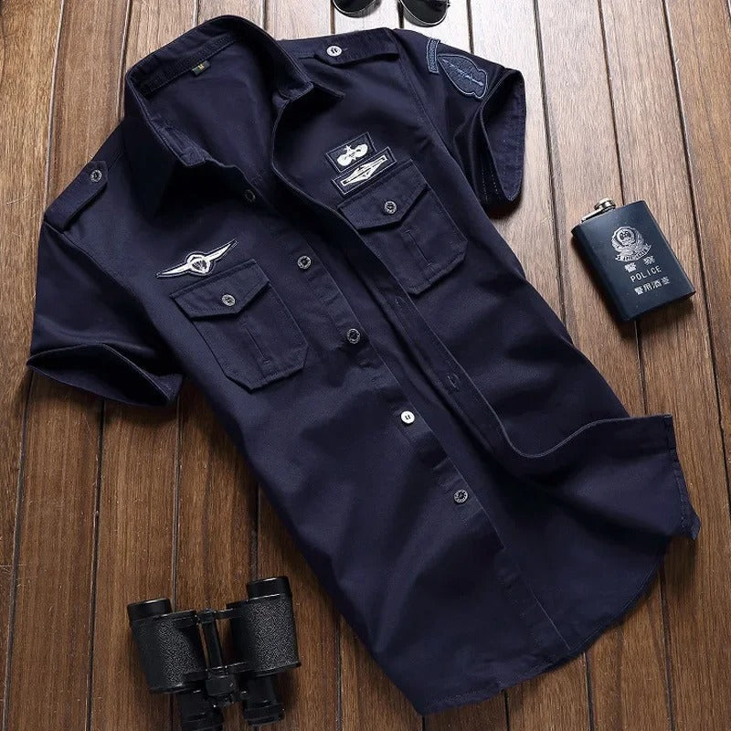 Button-Up Hemd | Kurzarm | Brusttaschen | Cargo Hemd | Herrenhemd-Marineblau-M-Chaps Herrenmode