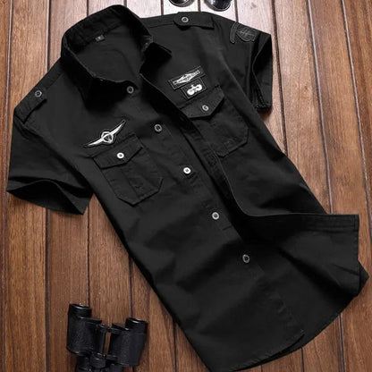 Button-Up Hemd | Kurzarm | Brusttaschen | Cargo Hemd | Herrenhemd-Schwarz-M-Chaps Herrenmode
