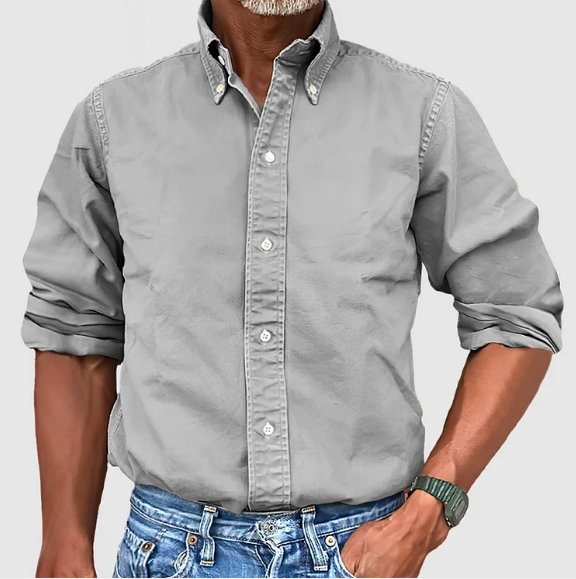 Button-Up-Hemd – Langarm – Mit Kragen – Jeanshemd – Herrenbekleidung-Grau-S-Chaps Herrenmode