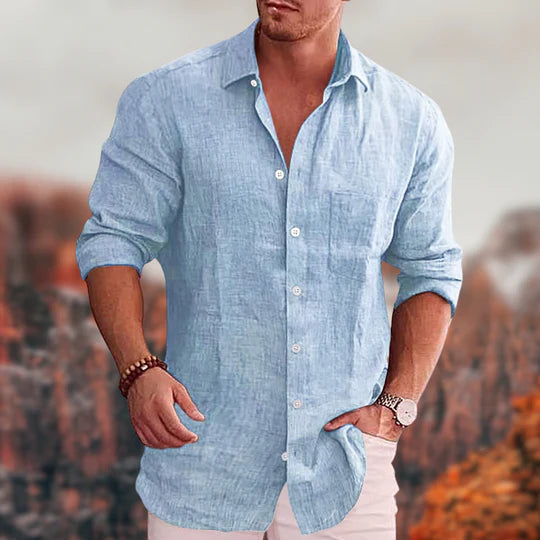 Button-Up Hemd | Umlegekragen | Langarm | Leinenhemd | Herrenhemden-Blau-S-Chaps Herrenmode
