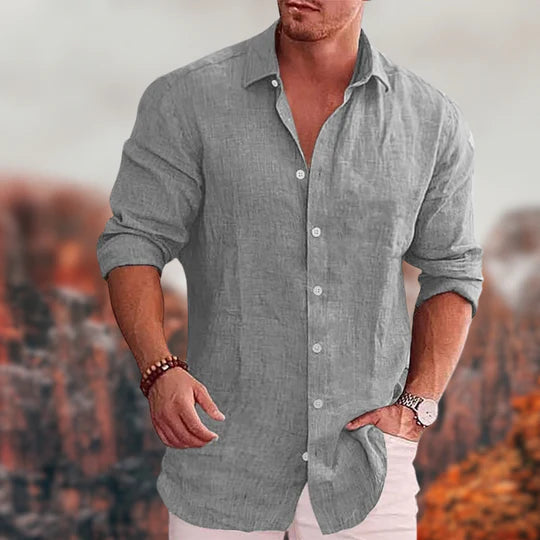 Button-Up Hemd | Umlegekragen | Langarm | Leinenhemd | Herrenhemden-Grau-S-Chaps Herrenmode