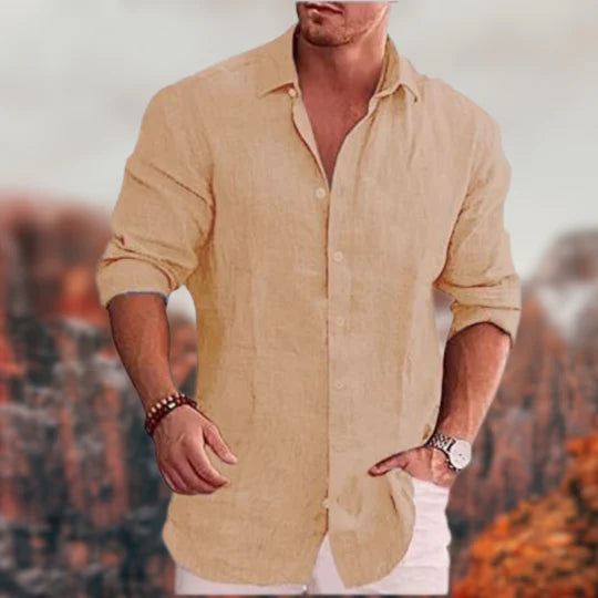 Button-Up Hemd | Umlegekragen | Langarm | Leinenhemd | Herrenhemden-Khaki-S-Chaps Herrenmode
