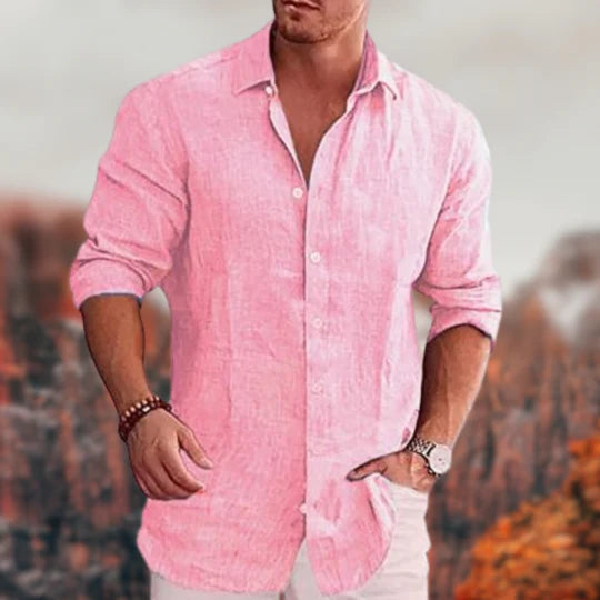 Button-Up Hemd | Umlegekragen | Langarm | Leinenhemd | Herrenhemden-Rosa-S-Chaps Herrenmode
