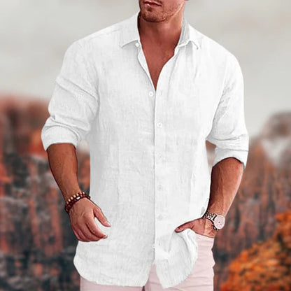 Button-Up Hemd | Umlegekragen | Langarm | Leinenhemd | Herrenhemden-Weiß-S-Chaps Herrenmode