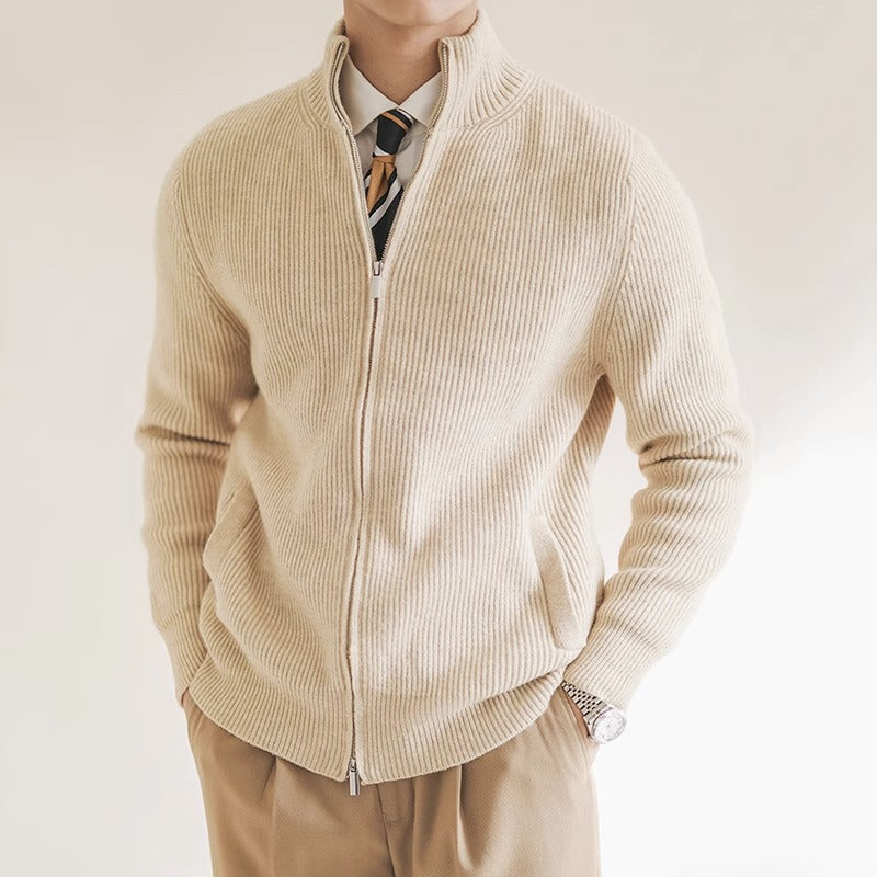 Cardigan mit Reißverschluss | Gerippt | Durchgehender Reißverschluss | Gestrickter Cardigan | Cardigan für Herren-Beige-S-Chaps Herrenmode