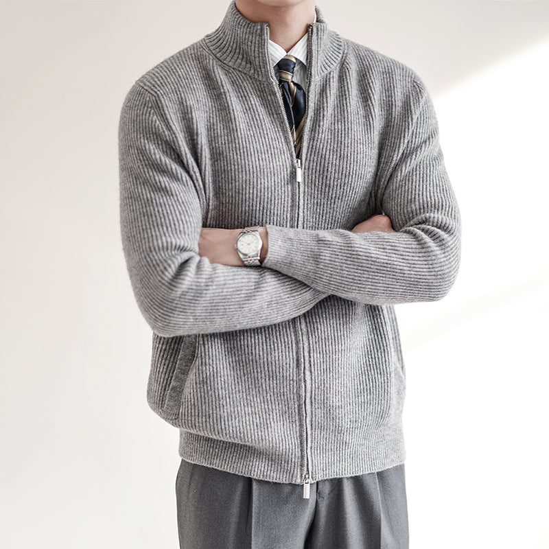 Cardigan mit Reißverschluss | Gerippt | Durchgehender Reißverschluss | Gestrickter Cardigan | Cardigan für Herren-Grau-S-Chaps Herrenmode