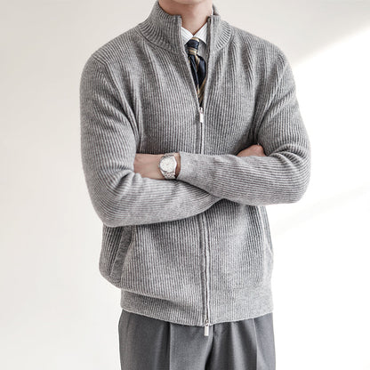 Cardigan mit Reißverschluss | Gerippt | Durchgehender Reißverschluss | Gestrickter Cardigan | Cardigan für Herren-Grau-S-Chaps Herrenmode