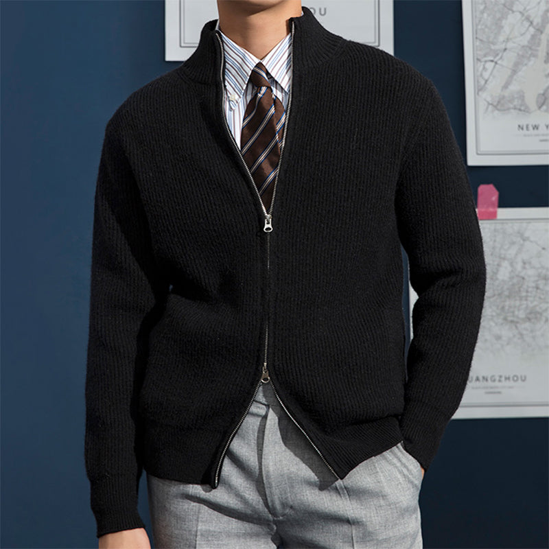 Cardigan mit Reißverschluss | Gerippt | Durchgehender Reißverschluss | Gestrickter Cardigan | Cardigan für Herren-Schwarz-S-Chaps Herrenmode