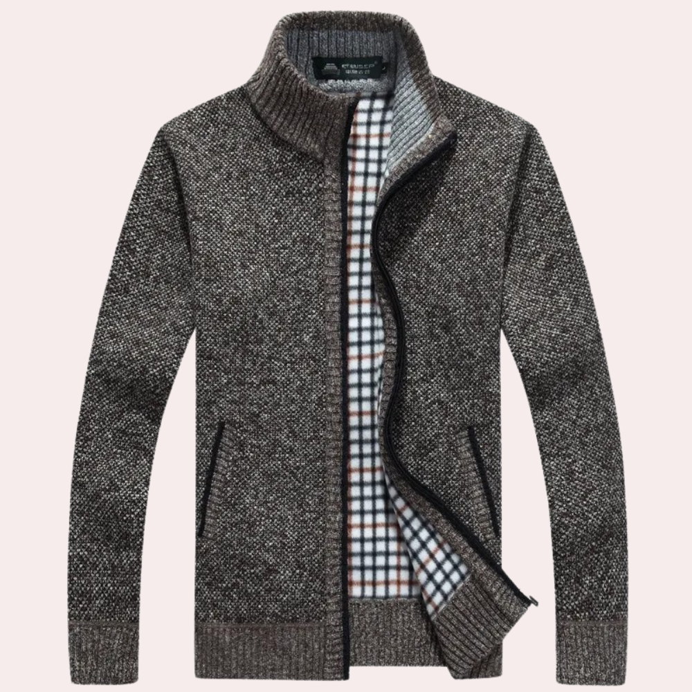 Cardigan mit Reißverschluss – Warm – Kariertes Futter – Gestrickter Cardigan – Cardigan für Herren-Braun-S-Chaps Herrenmode