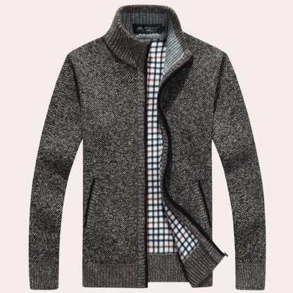 Cardigan mit Reißverschluss – Warm – Kariertes Futter – Gestrickter Cardigan – Cardigan für Herren-Braun-S-Chaps Herrenmode