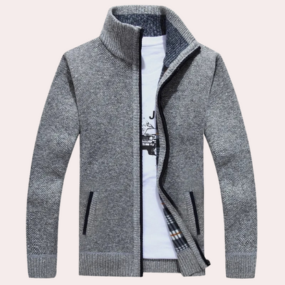 Cardigan mit Reißverschluss – Warm – Kariertes Futter – Gestrickter Cardigan – Cardigan für Herren-Hellgrau-S-Chaps Herrenmode