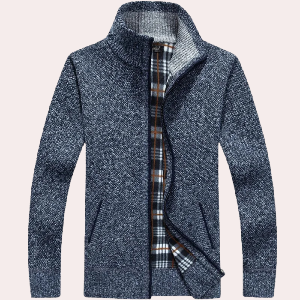 Cardigan mit Reißverschluss – Warm – Kariertes Futter – Gestrickter Cardigan – Cardigan für Herren-Marineblau-S-Chaps Herrenmode