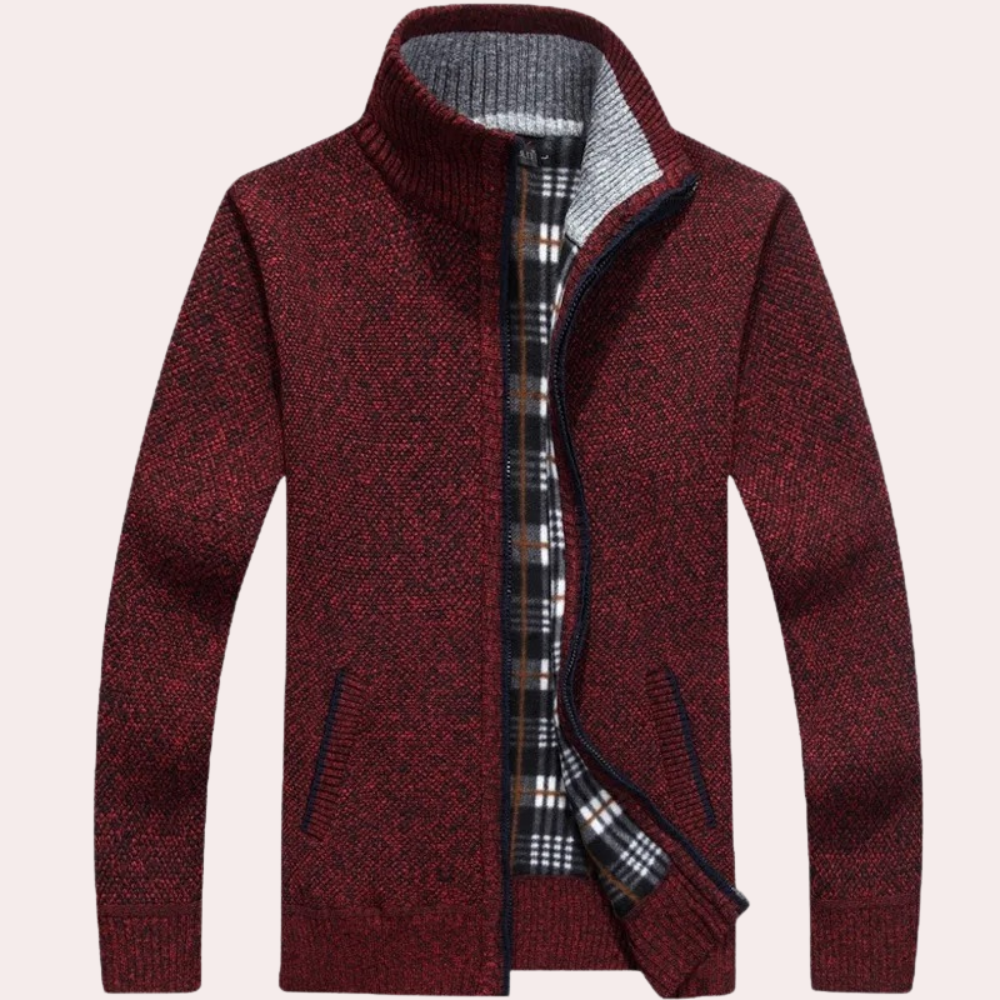 Cardigan mit Reißverschluss – Warm – Kariertes Futter – Gestrickter Cardigan – Cardigan für Herren-Rot-S-Chaps Herrenmode