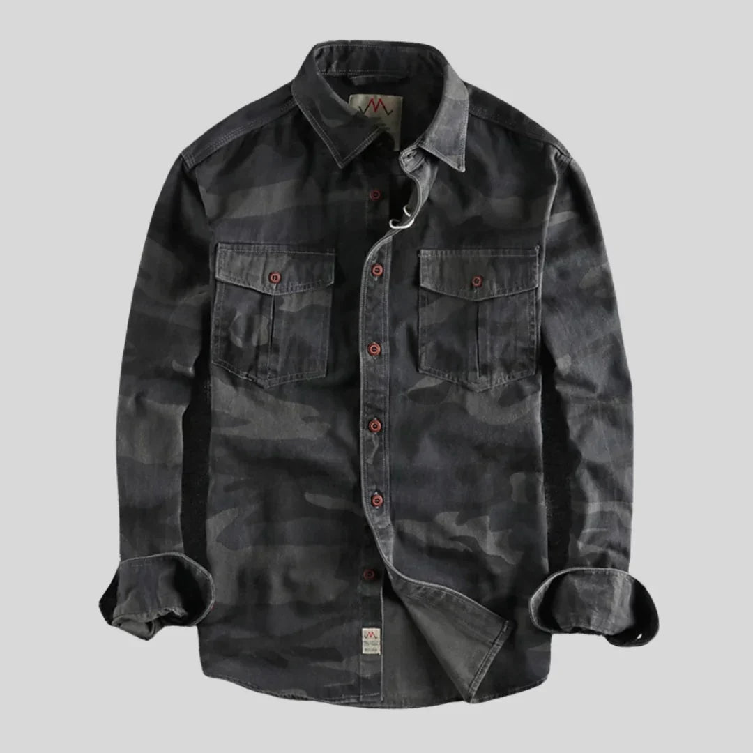 Cargo-Hemd – mit Knöpfen – Langarm – Camouflage-Hemd – Overshirt für Herren-Schwarz-S-Chaps Herrenmode