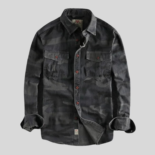 Cargo-Hemd – mit Knöpfen – Langarm – Camouflage-Hemd – Overshirt für Herren-Schwarz-S-Chaps Herrenmode