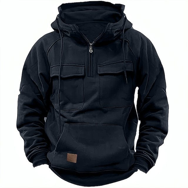 Cargo-Hoodie | Viertelreißverschluss | Fleecegefüttert | Pullover-Hoodie | Herren-Hoodie-Schwarz-S-Chaps Herrenmode
