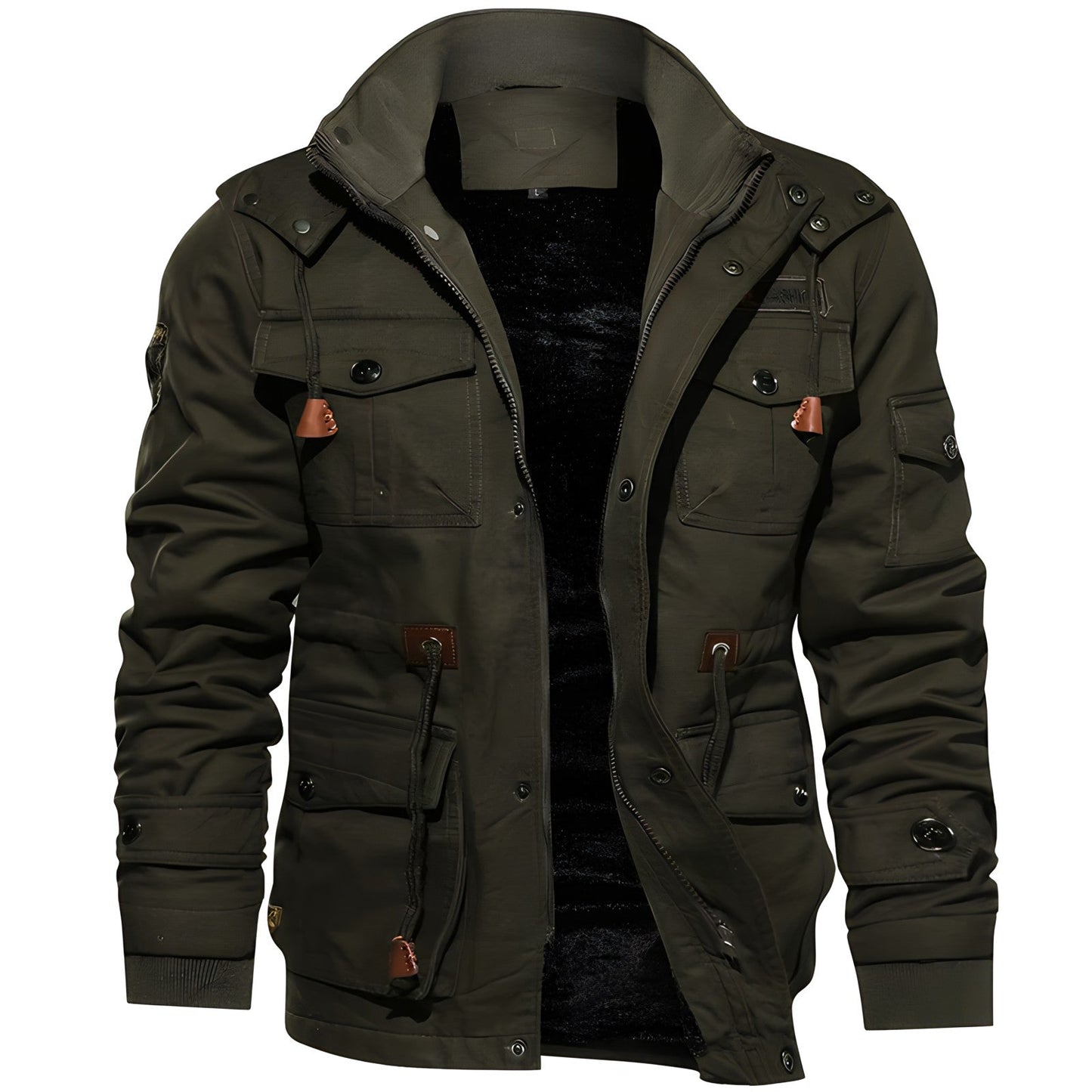 Cargo-Jacke | Mit Kapuze | Taschen | Fleecegefütterte Jacke | Herren-Winterjacke-Armeegrün-M-Chaps Herrenmode