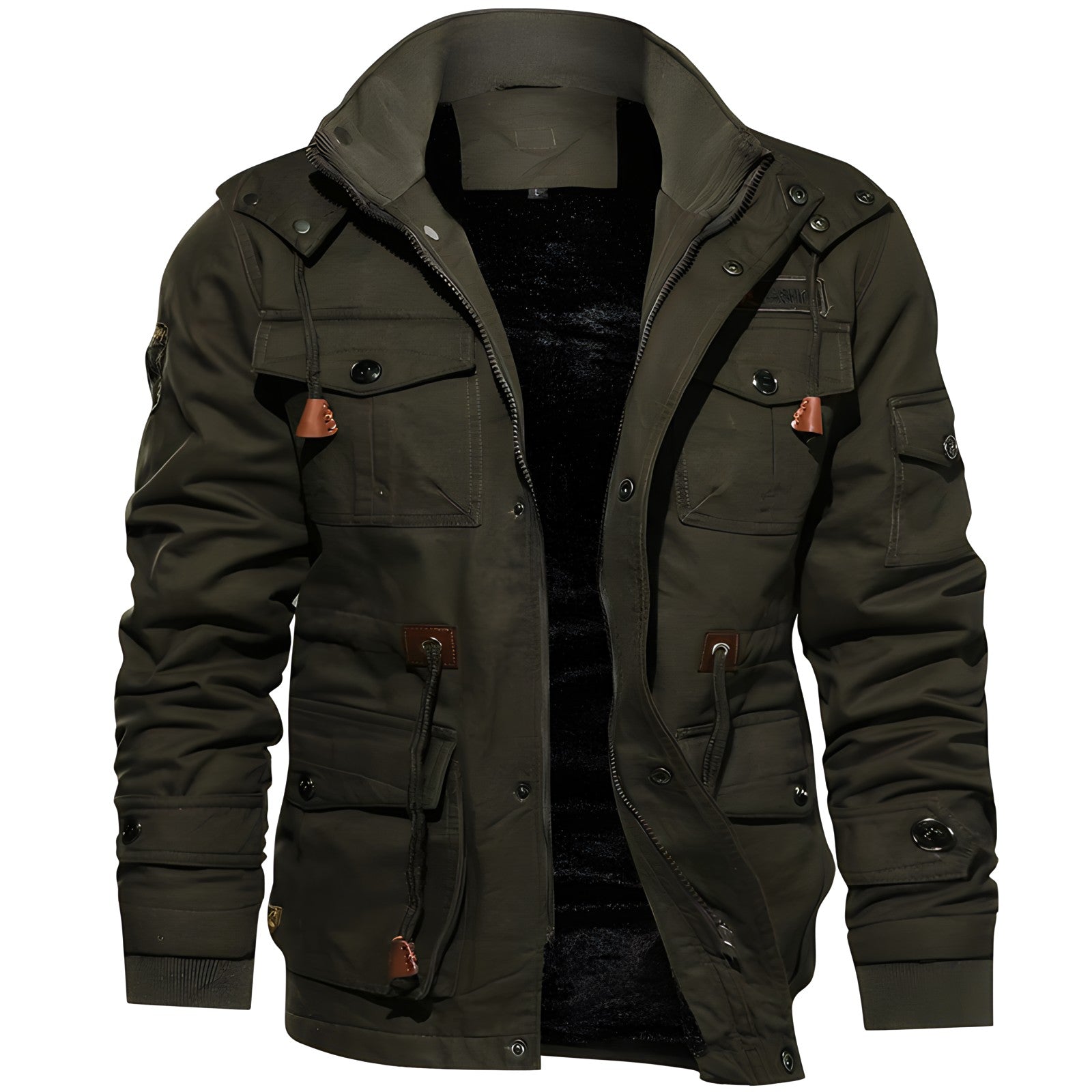Cargo-Jacke | Mit Kapuze | Taschen | Fleecegefütterte Jacke | Herren-Winterjacke-Armeegrün-M-Chaps Herrenmode