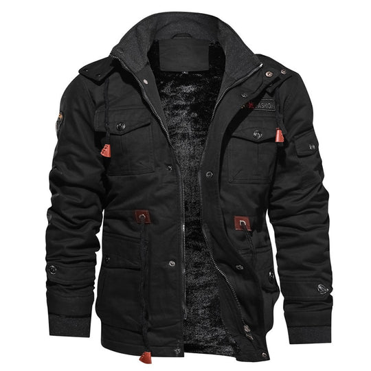 Cargo Jacket - Lässige Herrenjacke mit Kapuze und Fleece-Futter-Schwarz-M-Chaps Herrenmode