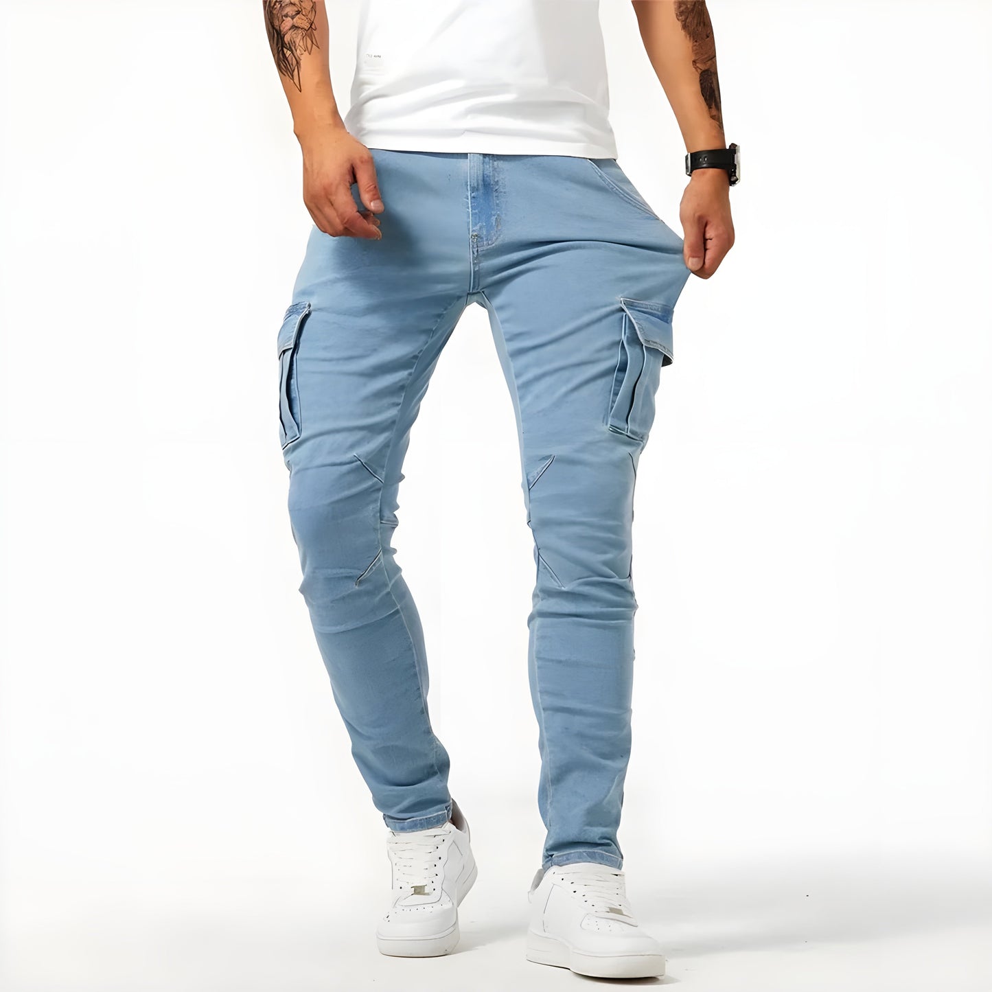 Cargo-Jeans – dehnbar – schmale Passform – Cargohosen – Herrenhosen-Blau-S 30/40-Chaps Herrenmode