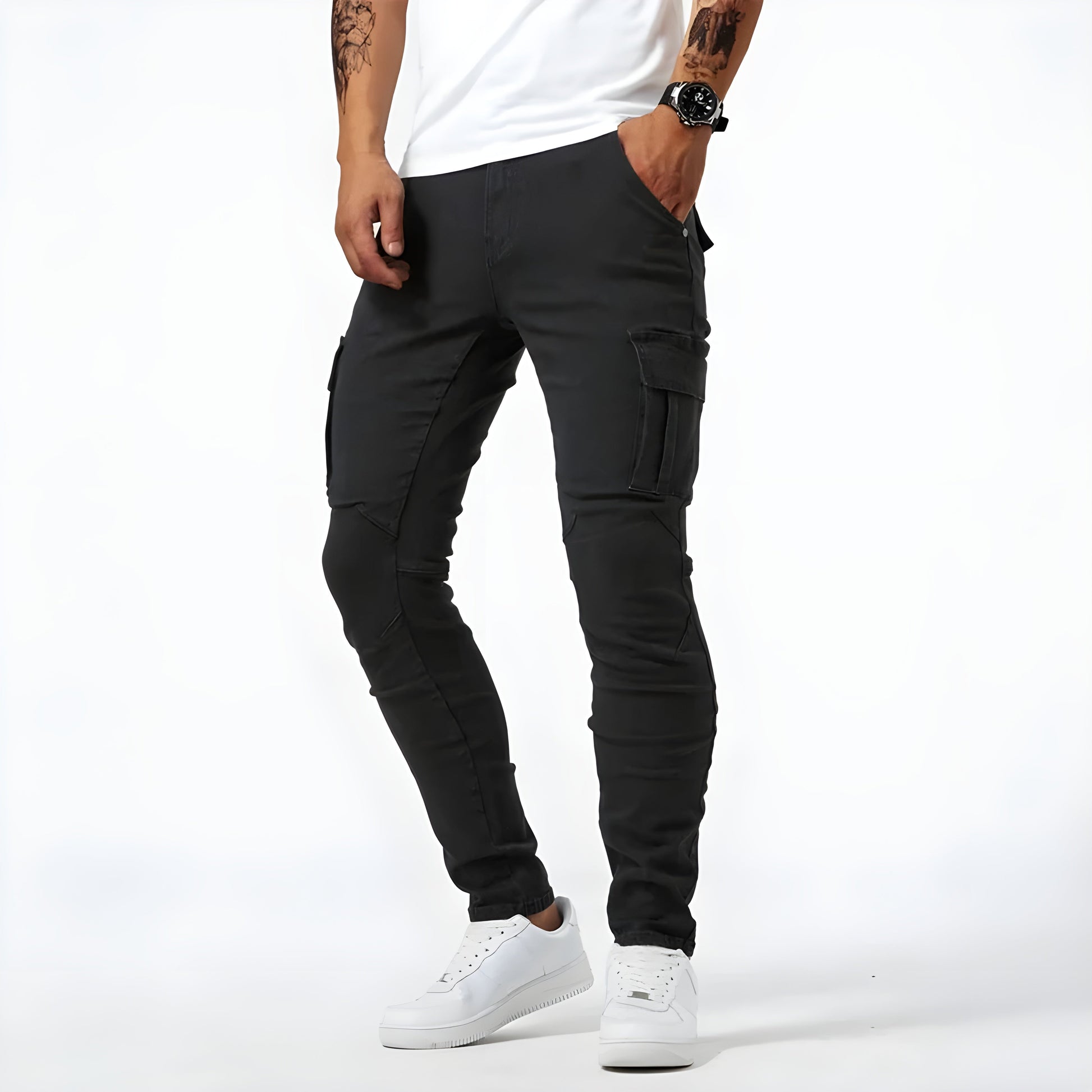 Cargo-Jeans – dehnbar – schmale Passform – Cargohosen – Herrenhosen-Schwarz-S 30/40-Chaps Herrenmode