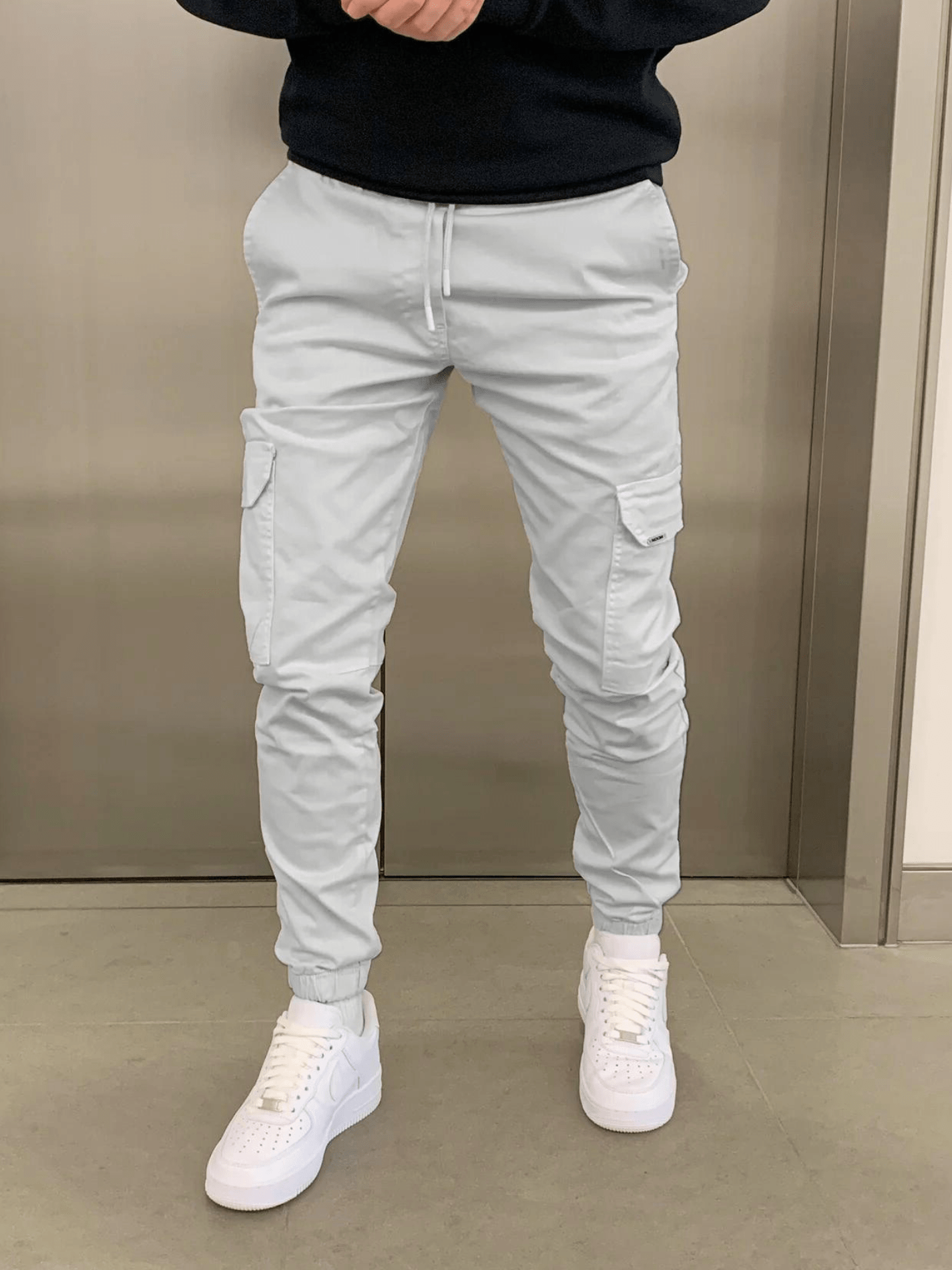 Cargo Jogger - Slim Fit - Kordelzug - Cargohosen - Herrenhosen-Hellgrau-S-Chaps Herrenmode