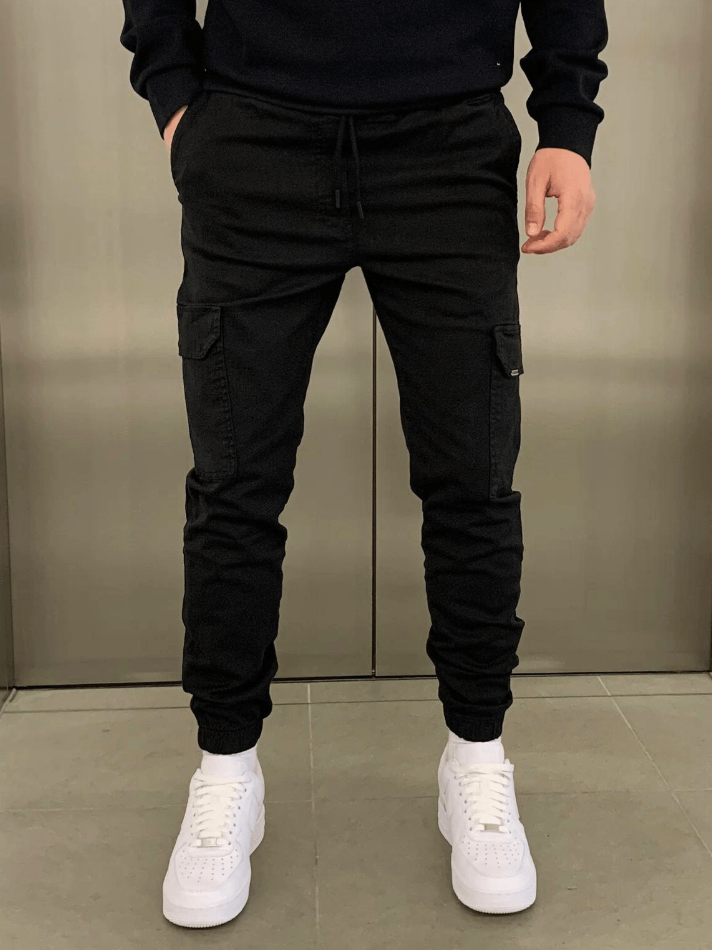 Cargo Jogger - Slim Fit - Kordelzug - Cargohosen - Herrenhosen-Schwarz-S-Chaps Herrenmode