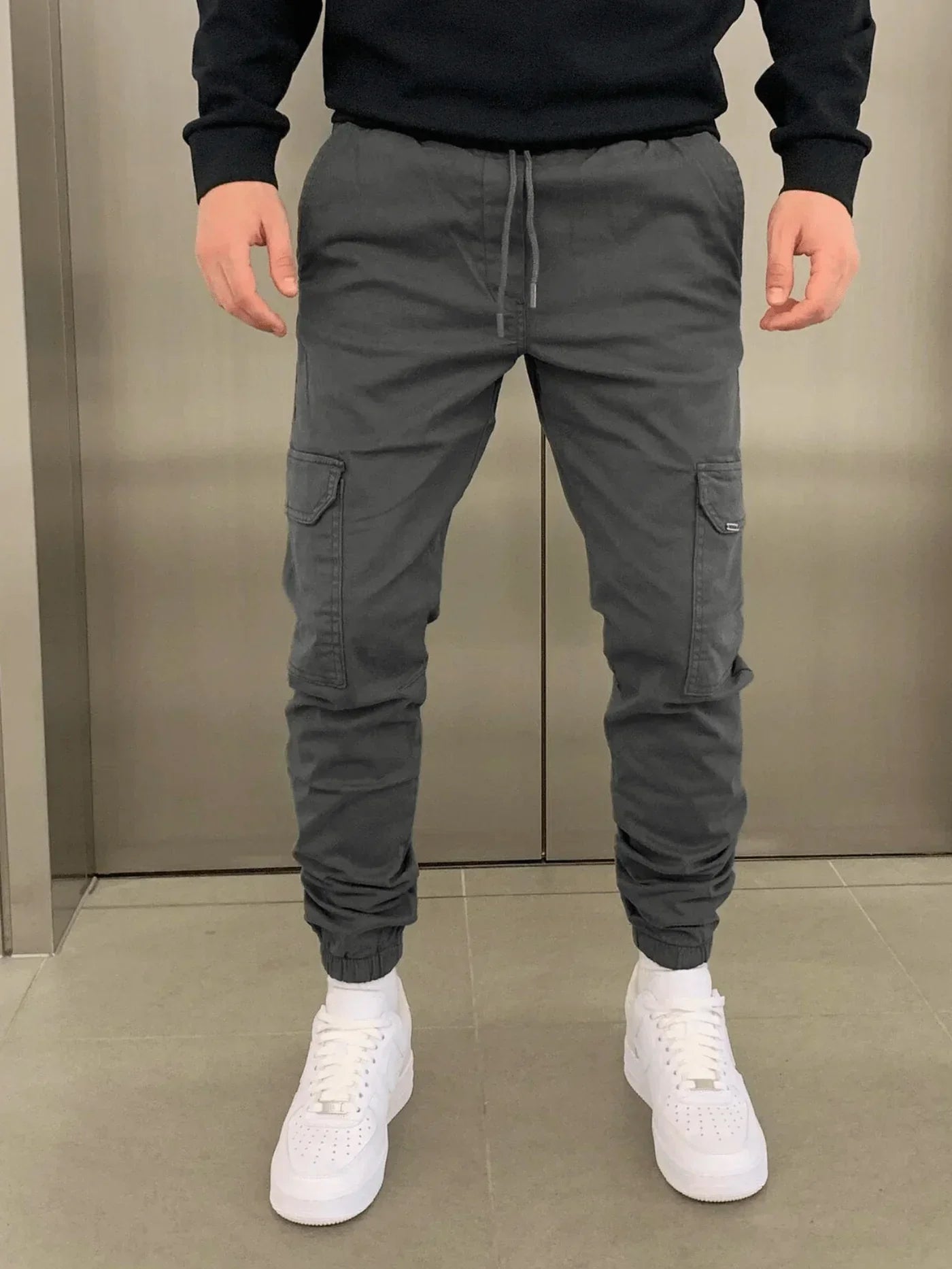 Cargo-Jogginghose – Skinny – Kordelzug – Cargohose – Herrenhose-Dunkelgrau-S-Chaps Herrenmode