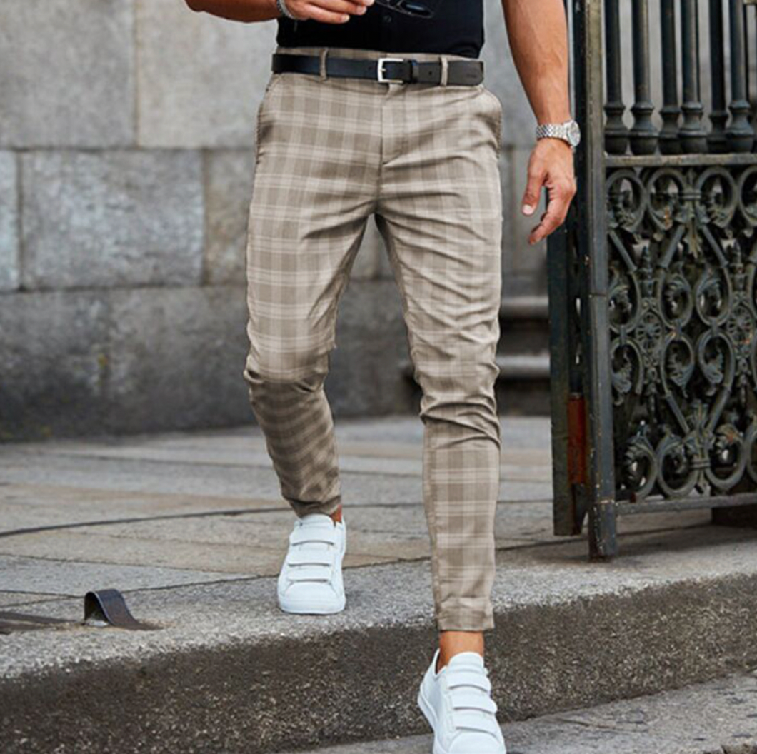 Chino-Hose - Kariert - Slim Fit - Herrenhosen - Chinos-Beige-XS-Chaps Herrenmode