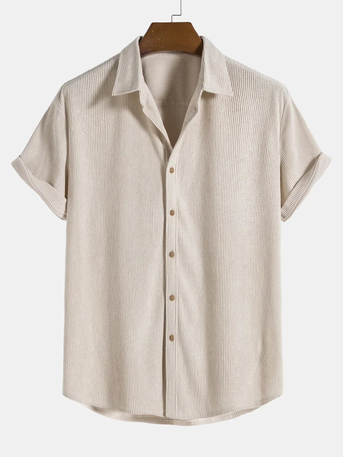 Cordhemd - Button-Up - Kurzarm - Sommerhemd - Herrenhemd-Beige-XS-Chaps Herrenmode