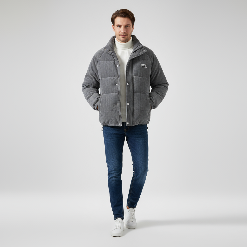 Cordjacke | Gesteppt | Reißverschluss | Daunenjacke | Winterjacke für Männer-Grau-S-Chaps Herrenmode