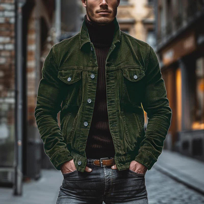 Cordjacke | Mit Knöpfen | Reguläre Passform | Übergangsjacke | Herrenjacke-Armeegrün-S-Chaps Herrenmode