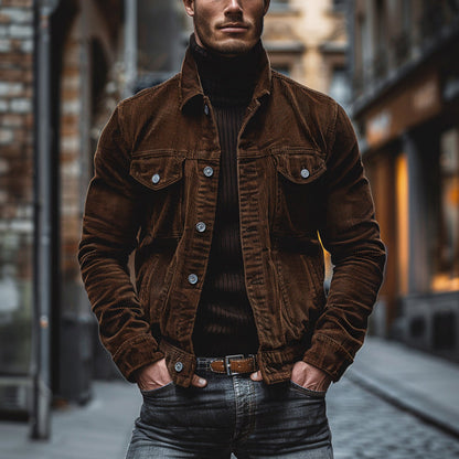 Cordjacke | Mit Knöpfen | Reguläre Passform | Übergangsjacke | Herrenjacke-Braun-S-Chaps Herrenmode